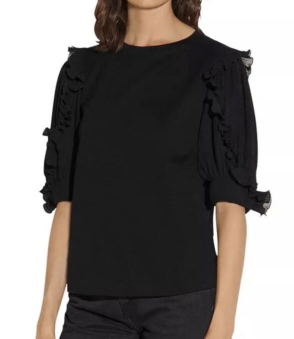 Sandro Paris Top Black Puff Sleeve Ruffle Pleated Cotton Tee Shirt Blouse Small